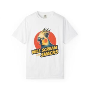Will Scream for Snacks Cockatiel T-Shirt — Funny Bird Lover Tee