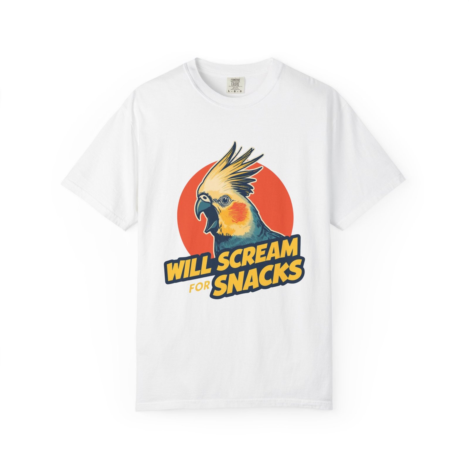 Will Scream for Snacks Cockatiel T-Shirt — Funny Bird Lover Tee