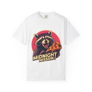 Midnight Mission Graphic T-Shirt, Fun Retro Tee, Unisex Pizza Shirt, Casual Wear, Gift for Pizza Lovers, Animal Lovers